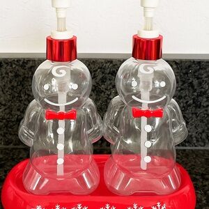 Gingerbread Men Soap & Lotion Dispenser Set Red Snowflake Tray - Christmas Decor